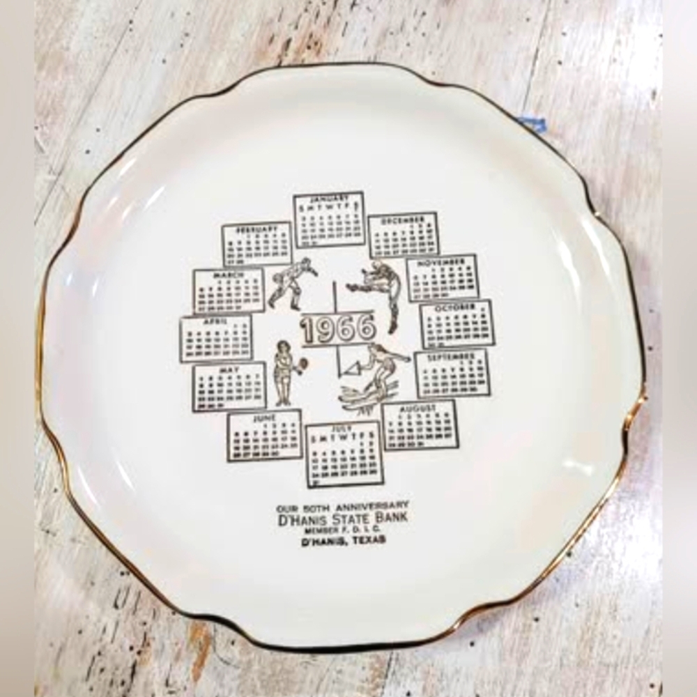 1966 Mid-century Anniversary Calendar Plate, Sports theme, Gold Trim